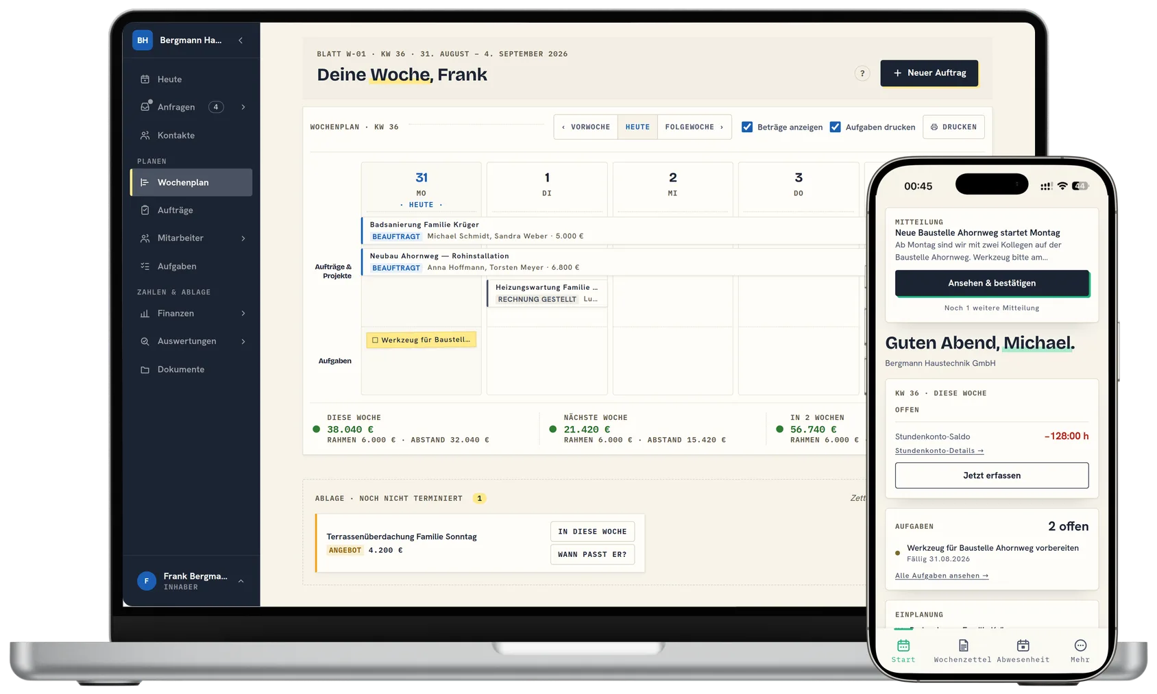 Stammhausplus auf Desktop und Handy: Wochenplan und Mitarbeiter-App